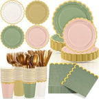 Mimorou 169 Pcs Sage Green and Pink Plates Napkins Cups Flatware Set by Mimorou