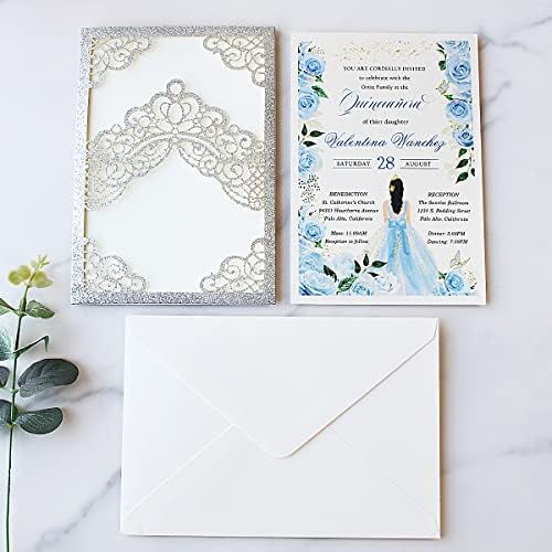 Hosmsua 50PCS 5.1x7.3 Inch Silver Glitter Quinceanera Invitations Cards Laser Cut Floral Crown Pocket Invitation with Envelopes for Birthday Bridal Shower - Image 6