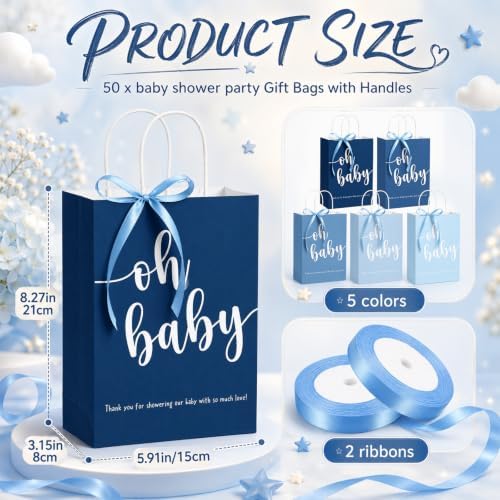 Gersoniel 50 Packs Baby Shower Gifts Bags Bulk 5.91 x 3.15 x 8.27 Inches Baby Shower Favor Bags with Handle Ribbon Thank You Gift for Party Favor for Guests Gifts Gender Reveal (Blue) - Image 2