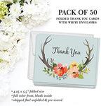 Boho Thank You Cards with Envelopes (Pack of 50) Rustic Folded Thank You Notes Excellent Value Floral Antlers Thank You Notecards VT0003 - Image 2