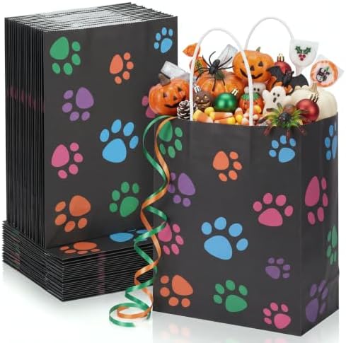 Tenceur 80 Pcs Dog Gift Bags Goodie Paw Puppy Paper Treat Bags Bulk with Handles 10.63 x 4.72 x 7.87 Inch Dog Themed Party Favors Shopping Holiday Kraft(Black Colorful) by Tenceur