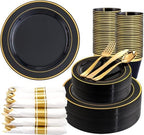 350 Pieces Black and Gold Plastic Plates with Disposable Silverware, Include 50 Dinner Plates 9”, 50 Dessert Plates 6.3”, 50 Black Cups 9 OZ, 50 Pre Rolled Napkins for Wedding/Party/Birthday/Halloween by WDF