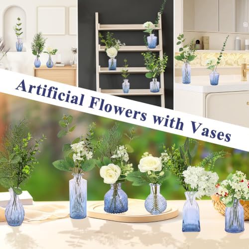 WARMALL Artificial Flowers with Vases, 16 Pcs Blue Bud Vases, & 81 Pcs Artificial Plants DIY Set Suitable for Centerpieces Table Weddings Party Office and Indoor Decor Mini Small Glass Clear - Image 7