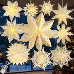 10 Pcs Christmas Paper Snowflake Lanterns, Large Christmas Paper Star Lanterns with LED Lights White Hanging Snowflake Lamp Ornaments for Xmas Winter Frozen Weddings Birthday Holiday Party Decorations by OuMuaMua