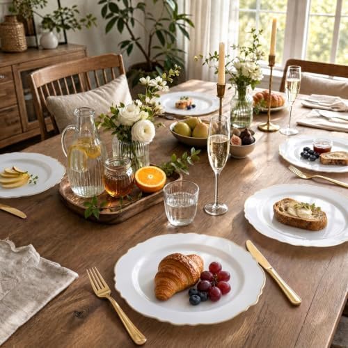WDF 60pcs Gold Plastic Dinner Plates -10.25inch Baroque White and Gold Plates Fancy Plastic Plates for Upscale Party/Wedding/Birthday/Fall Party - Image 3