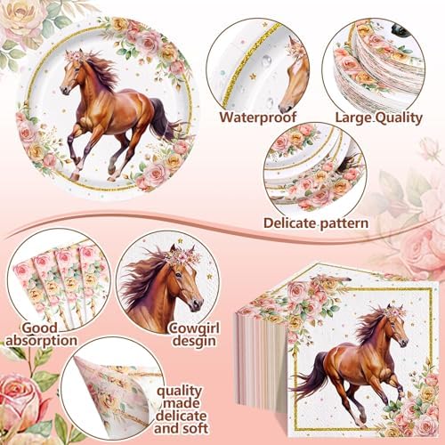 Pickmesh 250 Pcs Horse Birthday Party Decorations Pink Floral Cowgirl Disposable Tableware Set Cowboy Paper Plates Napkins Cups for Western Wedding Bachelorette Fairy Baby Bridal Shower Party Serve 50 - Image 3