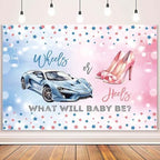 MEHOFOND 8x6ft Wheels or Heels Gender Reveal Backdrop Boy or Girl What Will Baby Be Decorations Banner Cars and High Heels Gender Reveal Baby Shower Photography Background Cake Table Supplies - Image 2