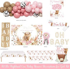 Costova Highland Cow Baby Shower Decorations for Girls, Boho Highland Cow Baby Shower Decorations, Bohemian Pink Floral Backdrop Balloon Box Tablecloth Sash Pin for Its a Girl Gender Reveal - Image 2