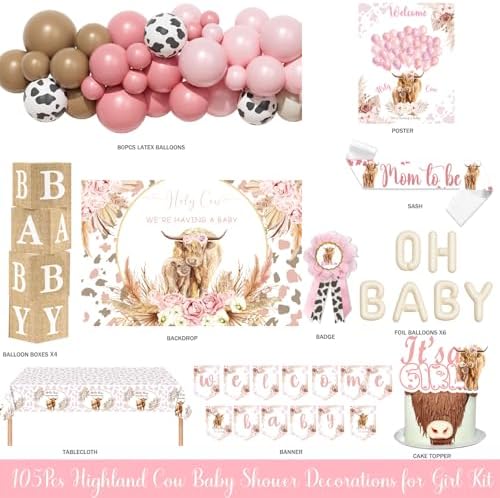 Costova Highland Cow Baby Shower Decorations for Girls, Boho Highland Cow Baby Shower Decorations, Bohemian Pink Floral Backdrop Balloon Box Tablecloth Sash Pin for Its a Girl Gender Reveal - Image 2
