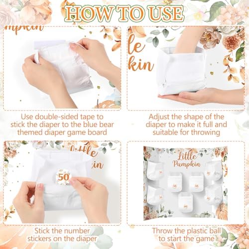 Ctosree 31 Pcs Little Pumpkin Baby Shower Diaper Game 1 Diaper Baby Shower Game Board 7 Diapers 10 Plastic Balls 1 Organza Bag for Bridal Games Boy Girl - Image 4