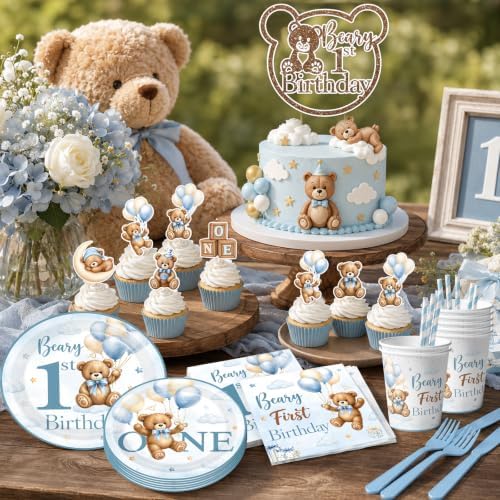 Beary First Birthday Decorations,Teddy Bear Birthday Decorations Set for First Birthday Theme Boy With Backdrop, Balloons, One High Chair Banner,Plates,Napkins,Cake Toppers,272pcs - Image 4