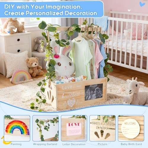 Wooden Baby Shower Crate Closet, Personalized Baby Shower Basket with Wreath & Hanger, Love at First Sight Sonogram Picture Frame, Easy Assembly Baby Clothes Storage Box for Pregnancy Gift - Image 2
