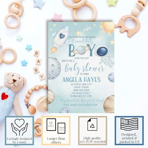 Custom Baby Shower Invites Outer Space Invitations for Boys, Pack of 20 5x7 Personalized Rocket Ship Galaxy Invites with Envelopes - Unique Outer Space Baby Shower Cards by AmandaCreation - Image 2