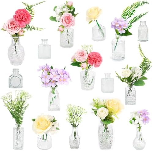 WARMALL Artificial Flowers with Vases, 16 Pcs Bud Vases, & 44Pcs Artificial Color Flower DIY Set Suitable for Centerpieces Table Weddings Party Office and Indoor Decor Mini Small Glass Clear（Color） by Unknown