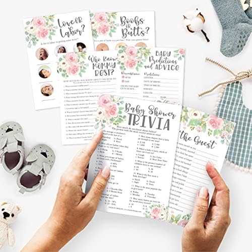 Hadley Designs - 25 Floral Trivia Game, 25 Find The Guest Game, 25 Love Or Labor Game, 25 Boobs Or Baby Butts, 25 Who Knows Mommy Best, 25 Baby Prediction Advice Cards - 6 Double Sided Cards - Image 2
