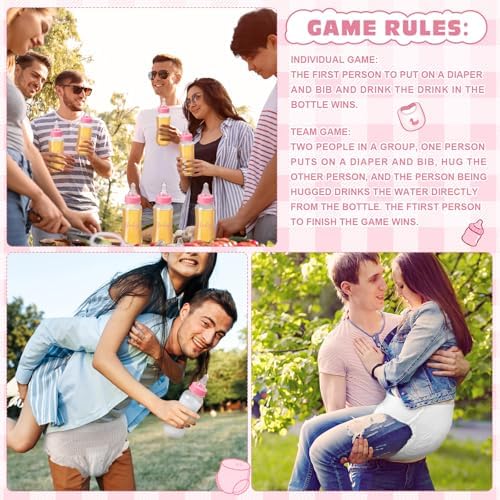 6 Sets Bottle Chug Baby Shower Games Juegos Para Plastic Baby Bottles Bibs Disposable Diapers Gender Reveal Games Baby Changing Diaper Race Game Decoration (Pink) - Image 7
