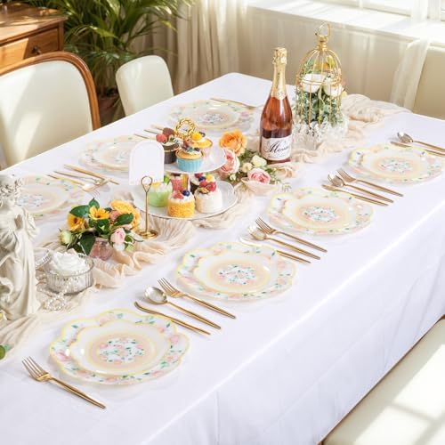 LIYH 24Pcs Gold And Pink Plastic Plates Floral Dinnerware Set For 12 Guests - Image 6