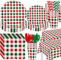 Funnymoom 452 Pcs Red and Green Christmas Buffalo Plaid Party Supplies for 50, Scalloped Christmas Gingham Plaid Paper Plates Napkins Cups Tablecloth Cutlery Straws for Rustic Holiday Party Decoration by Funnymoom