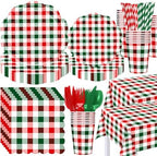 Funnymoom 452 Pcs Red and Green Christmas Buffalo Plaid Party Supplies for 50, Scalloped Christmas Gingham Plaid Paper Plates Napkins Cups Tablecloth Cutlery Straws for Rustic Holiday Party Decoration by Funnymoom