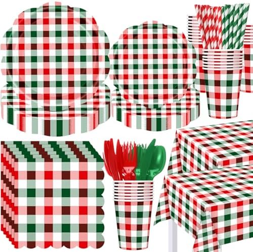 Funnymoom 452 Pcs Red and Green Christmas Buffalo Plaid Party Supplies for 50, Scalloped Christmas Gingham Plaid Paper Plates Napkins Cups Tablecloth Cutlery Straws for Rustic Holiday Party Decoration by Funnymoom