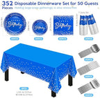 352 Pcs Blue and Silver Birthday Party Tableware Set for 50 Guests Silver Dot Paper Plates Cups Napkins Plastic Tablecloths Forks Knives Spoons Blue Party Supplies for Birthday Wedding Decorations - Image 2
