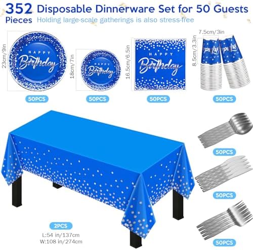 352 Pcs Blue and Silver Birthday Party Tableware Set for 50 Guests Silver Dot Paper Plates Cups Napkins Plastic Tablecloths Forks Knives Spoons Blue Party Supplies for Birthday Wedding Decorations - Image 2