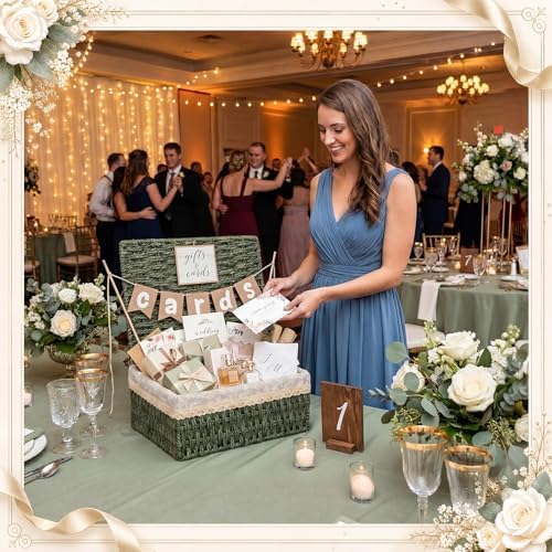 Gerrii Wedding Party Decoration 12 x 9.4 x 5.3 in Large Wicker Storage Basket with Lid Wedding Card Box and Card Banner Set Money Envelope Box Gift for Baby Shower Favor Supplies(Sage Green) - Image 2