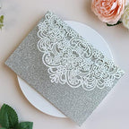 Hosmsua 50PCS Personalized Silver Wedding Invitation Pocket, 5.12 x 7.2 Laser Cut Lace Flora Invitation Pockets with Envelopes for Quinceanera Wedding Bridal Shower Quince Anos - Image 6