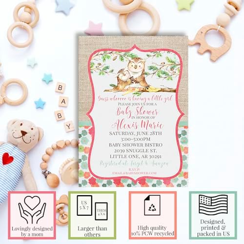 Amanda Creation Pink Watercolor Owl Baby Shower Invitations for Girls, Baby Shower Invitations with Owls, 20 Personalized 5x7 Double-Sided Cards with White Envelopes, Made in USA - Image 2
