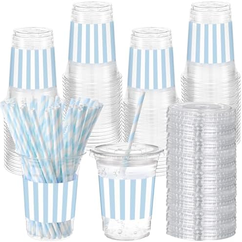 Sliner 50 Sets Blue White Striped Plastic Cups 16oz by Sliner