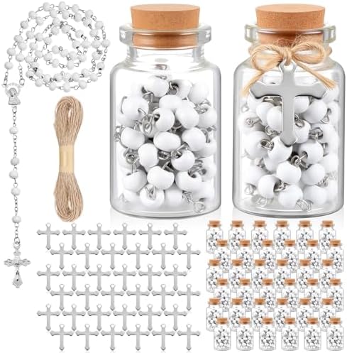 Ferreve 12 Sets Mini Rosary Favors Baptism Favors for Guests with Bottle Cross Scented Wood Beads Necklace Cross Pendant First Communion Gift for Catholic Christening Baby Shower Wedding Party by Ferreve