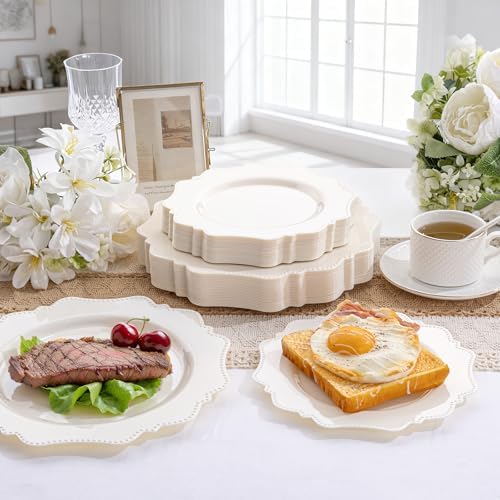 COLOSUS 60PCS Ivory Plastic Plates, Beaded Plates for Wedding Reception. - Image 4
