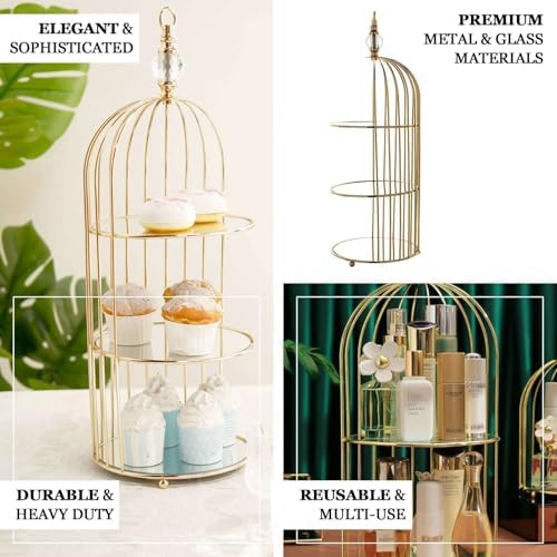 Efavormart 22" - 3 Tier Crystal Mirror Top Gold Metal Bird Cage Cupcake Cake Stand, Dessert Display for Wedding, Party, Birthday, Baby Shower Celebrations, Home Decorations - Image 4