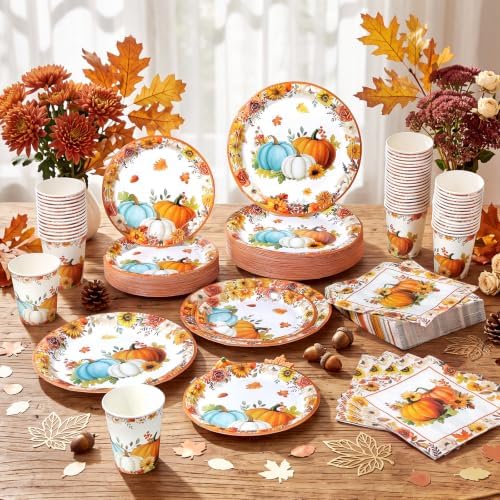 Pickmesh 250 Pcs Fall Thanksgiving Party Decorations Fall Maple Leaves Pumpkins Paper Plates Napkins and Cups Disposable Tableware Set for Autumn Thanksgiving Harvest Birthday Party Supplies Serve 50 - Image 6