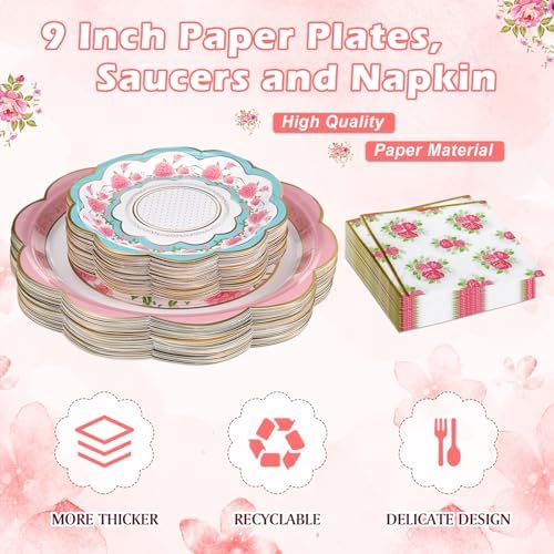 FillTouch 50 Sets Floral Paper Tea Cups and Saucers for Tea Party - Image 5