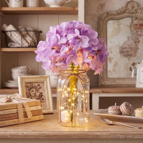 4 Sets Mason Jar Centerpiece with LED Lights and Purple Hydrangea Fake Flowers Vase for Wedding Bridal Shower Party Coffee Table Decor - Image 4