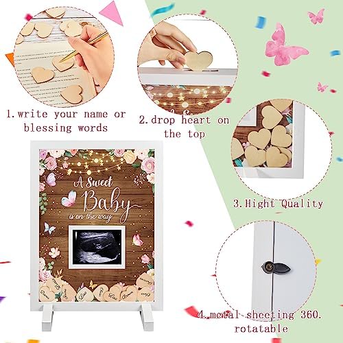 Kosiz Baby Shower Guest Book Frame, 60 Guests Wooden Hearts, Wood Floral - Image 3