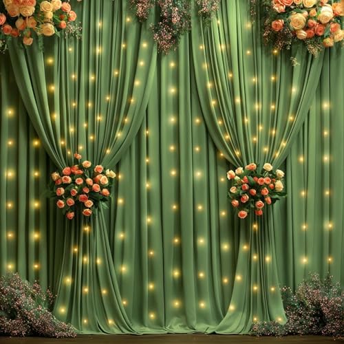 Shillance 30x10ft Olive Green Backdrop Curtains with Lights Photo Drapes Wrinkle Free Fabric Backdrop Curtain for Wedding Birthday Party Baby Shower Bridal Shower Home Party Background Decorations by Shillance