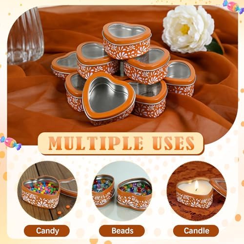 48 Pcs Brown Mexican Heart Shaped Tins with Clear Lids Organza Bags Thanks Cards De Barro Mexicanos Empty Candle Candy Boxes Cielito Lindo Party Decorations for Wedding Gifts Fiesta Party Favors - Image 3