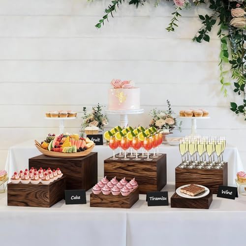 6 Pcs Buffet Risers and stands with Food Signs, Food Risers for Buffet Table, Rustic Wood Cake Stand, Wood Risers Display Stands for Decor, Party, Birthday, Wedding, Baby Shower - Image 4