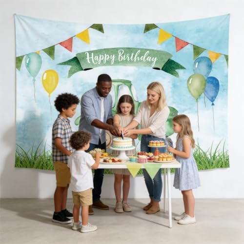 Green Tractor Happy Birthday Backdrop Banner Size 10x8 Ft Watercolor Farm Themed Design Durable Polyester Photo Booth Background for Boy's Birthday & Farm Party Decorations Supplies - Image 3