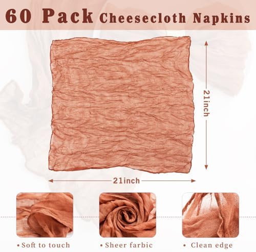 60 Pack Terracotta Cheesecloth Napkins 21x21 Inches Terracotta Cloth Napkins Washable Set of 60 Dinner Table Napkins for Wedding Bridal Baby Shower Rustic Boho Cotton Gauze Summer Party Table Decor - Image 3