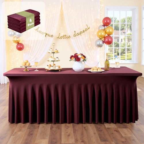 Spandex Tablecloth 8FT Rectangle Table Cover 4 Pcs Burgundy Wrinkle-Free by Outpain