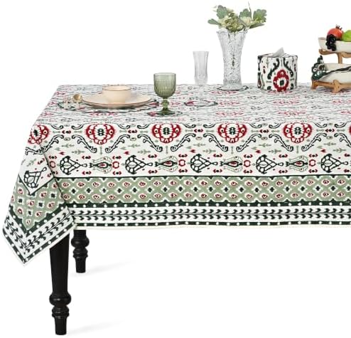 Ridhi Evergreen Ikat and Red Hand Block Print Cotton Rectangle Tablecloth 60x102 inch Reusable Table Cover Decorative Everyday Use for Dining Room, Farmhouse, Home Gift for Spring, Summer by Ridhi