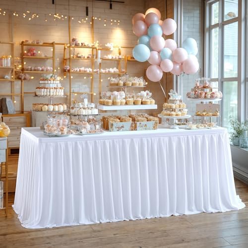 PARTISKY White Polyester Table Skirt for Rectangle Tables 12f, Wrinkle Resistant Pleated Ruffle Table Cloth for Birthday Party Banquet Wedding Baby Shower - Image 3