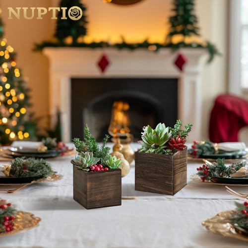 NUPTIO Small Wooden Box for Centerpiece, Brown, Square, 4"/5", 12 Pcs - Image 3