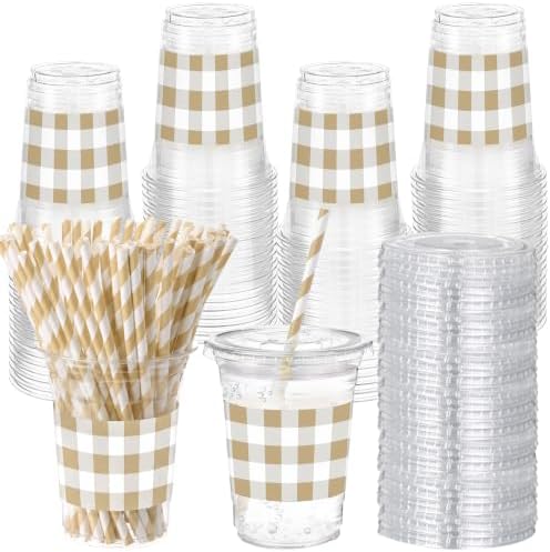 Sliner 50 Sets 16oz Khaki White Gingham Party Plastic Cups by Sliner