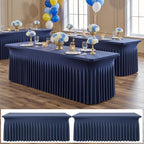 2 pk Navy Blue Spandex Tablecloth 8ft With Ruffle Table Skirt, Wrinkle Free Stretchy Fitted Tablecloths for 8 Foot Rectangle Tables, Elastic Spandex Table Covers 8ft for Weddings Parties Banquet Craft by ENJOYYOURPARTY