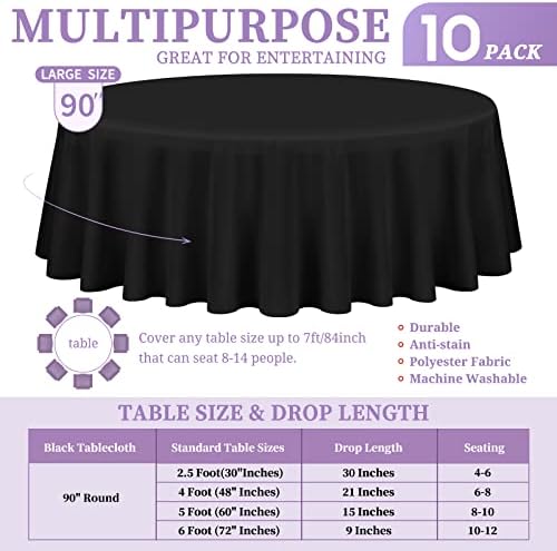 Showgeous 10 Pack Black Round Tablecloths, 90 Inch, Washable Polyester - Image 2