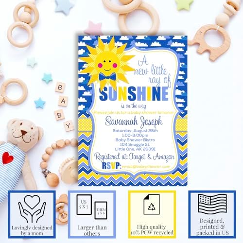 Custom Baby Shower Invites Boy Sunshine Baby Shower Invitation 20 5x7 Custom Personalized A Little Ray of Sunshine Shower Invites With Envelopes - Unique Sunshine Theme - Image 2